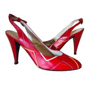 Charles Jourdan VTG 1970s Red Colorful Abstract Leather Slingback Heels Size 8